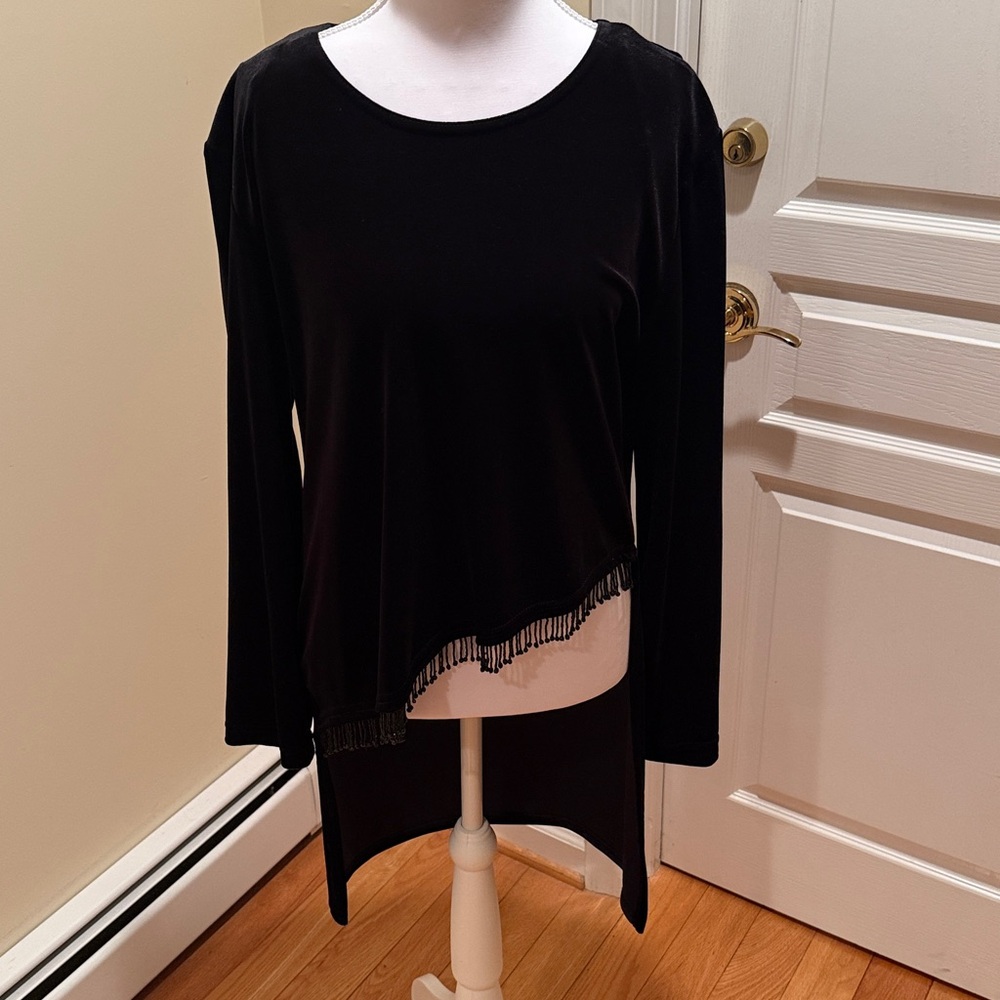 SuElegant Black Velvet Women's Top, short front with fringe  and long back